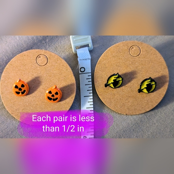Halloween stud earrings, set of 2 pairs, witches & pumpkins, Samhain jewelry - Picture 5 of 6